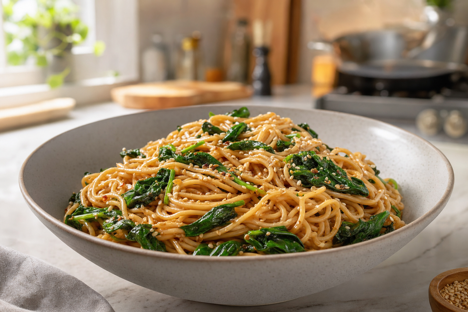 15-Minute Garlic Sesame Noodles with Spinach