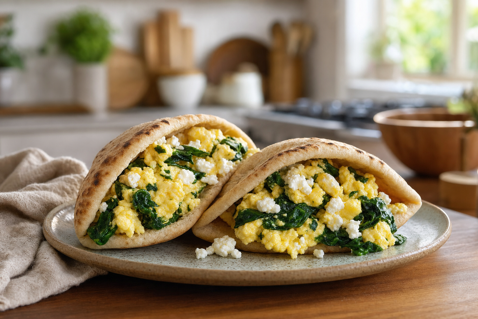 15-Minute Spinach Feta Egg Scramble Pitas
