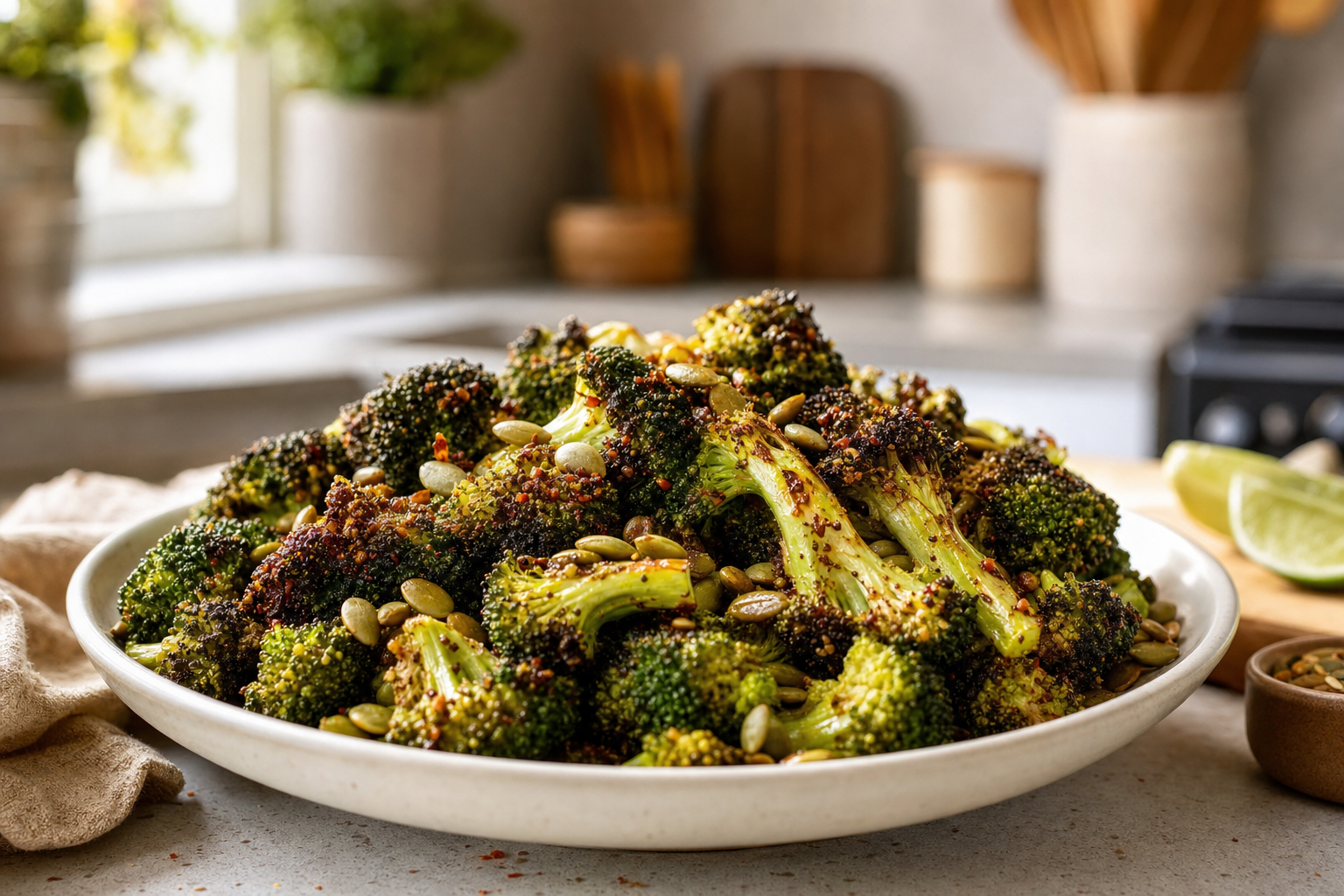 20-Minute Chili Lime Roasted Broccoli with Pepitas