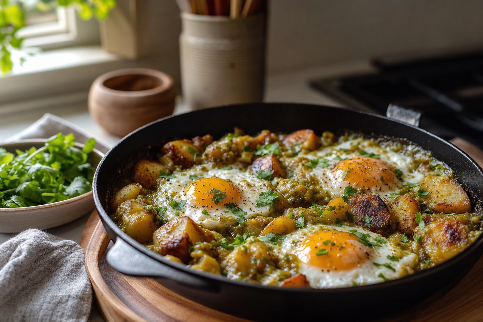 20-Minute Salsa Verde Egg and Potato Skillet