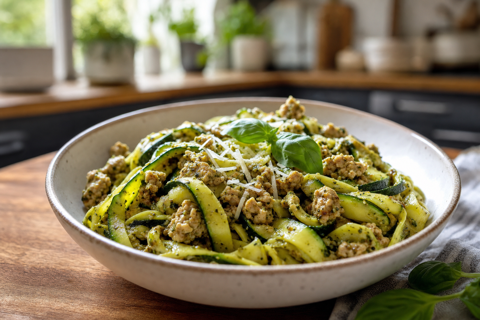 20-Minute Turkey and Zucchini Pesto Pasta