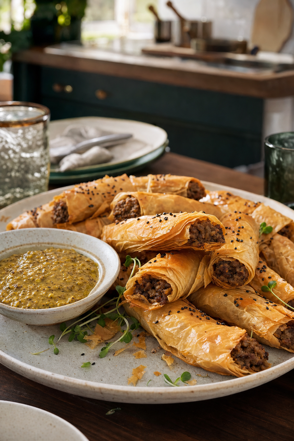 Beef Filo Cigars with Pickle Mustard Dip