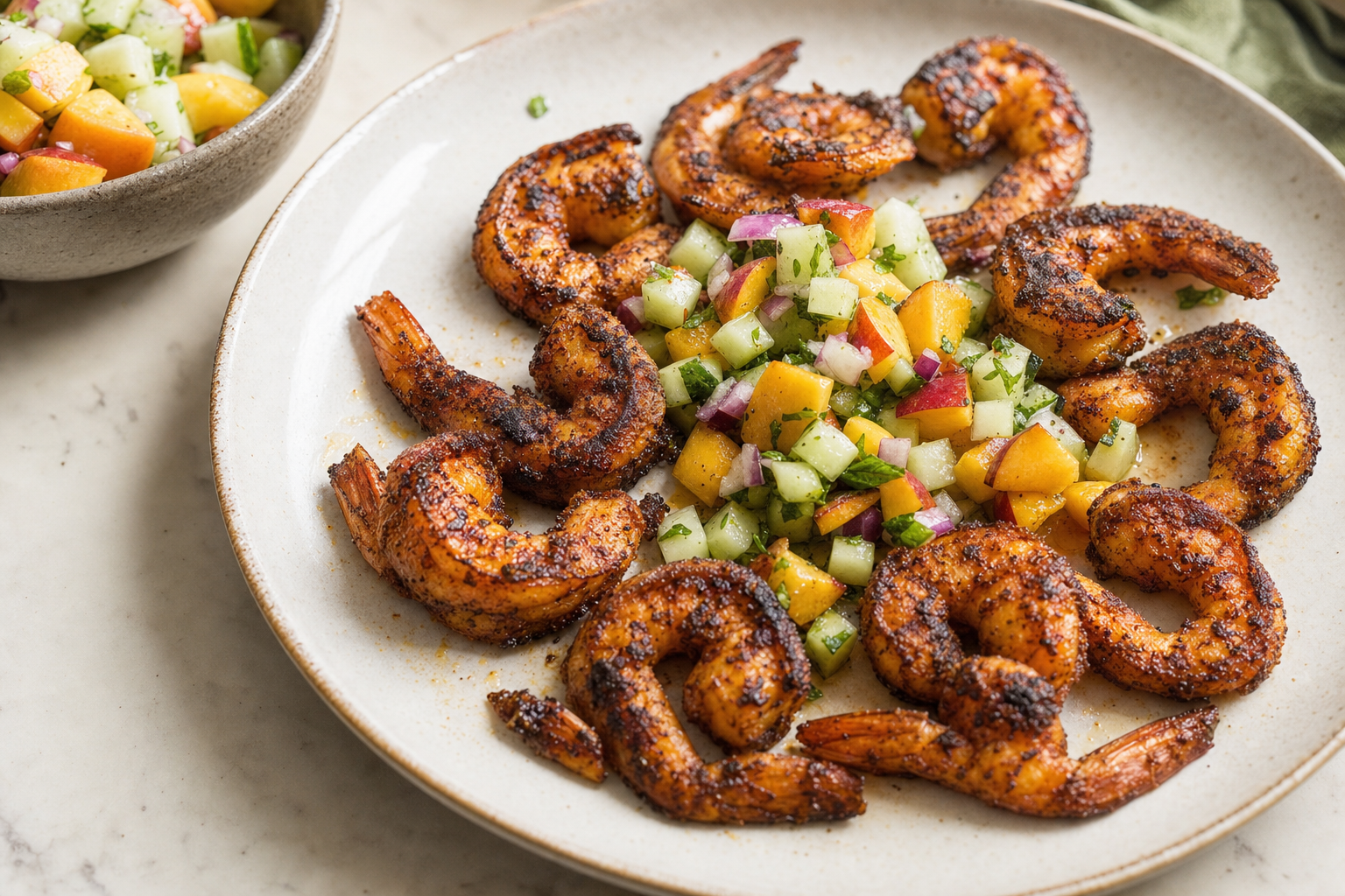 Blackened Shrimp with Peach Cucumber Relish
