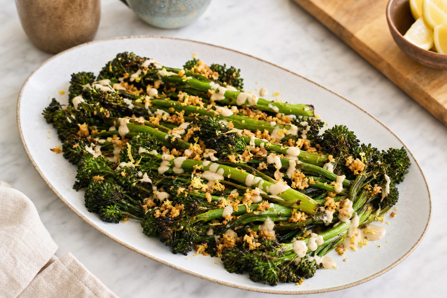Blistered Broccolini with Lemon Tahini Crumbs