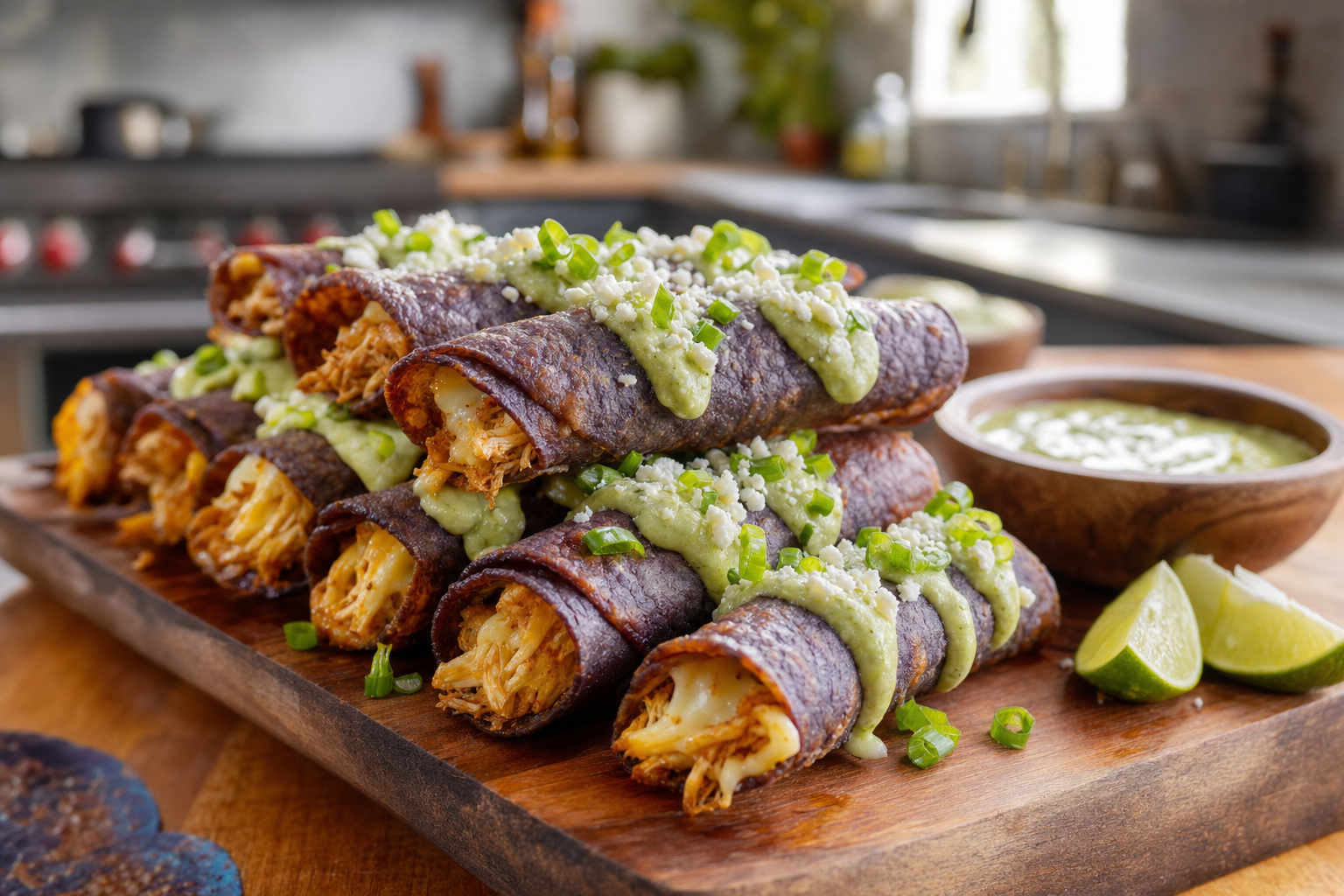 Blue Corn Chicken Taquitos with Avocado Crema