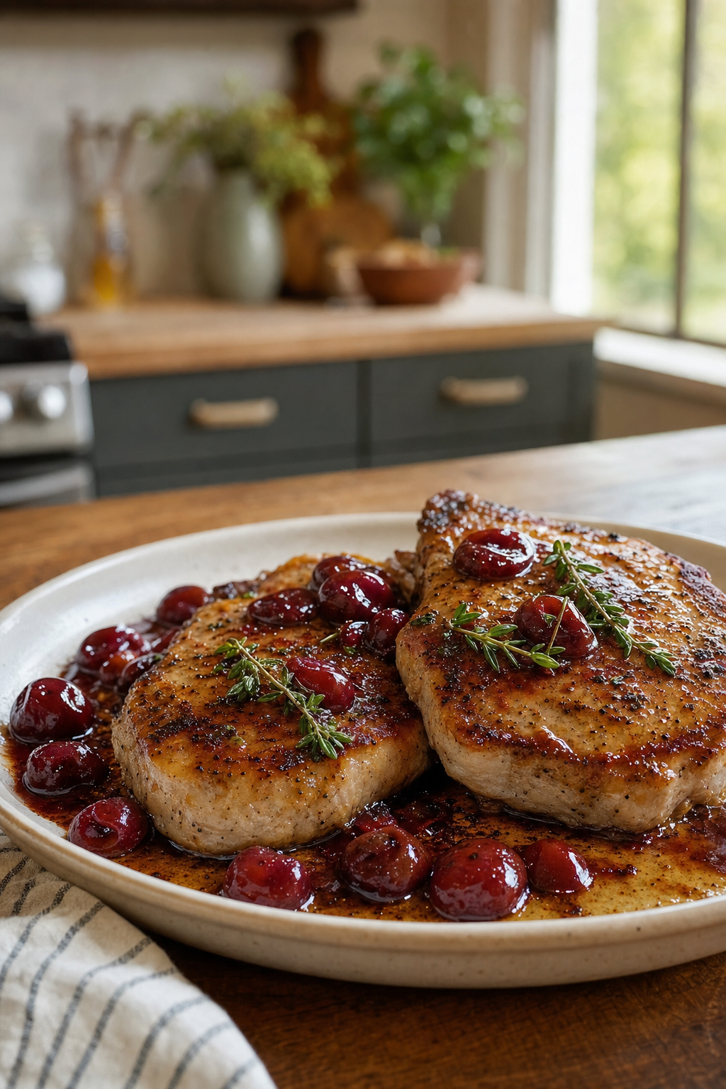 Brown Butter Pork Chops with Cherry Pan Sauce