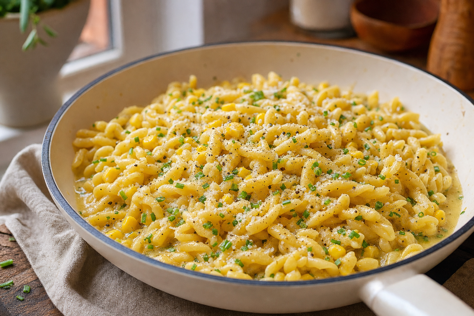 Butter-Braised Gemelli with Corn and Chives