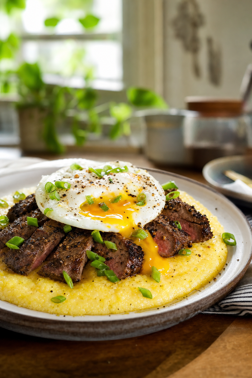 Buttery Steak and Pepper Breakfast Polenta