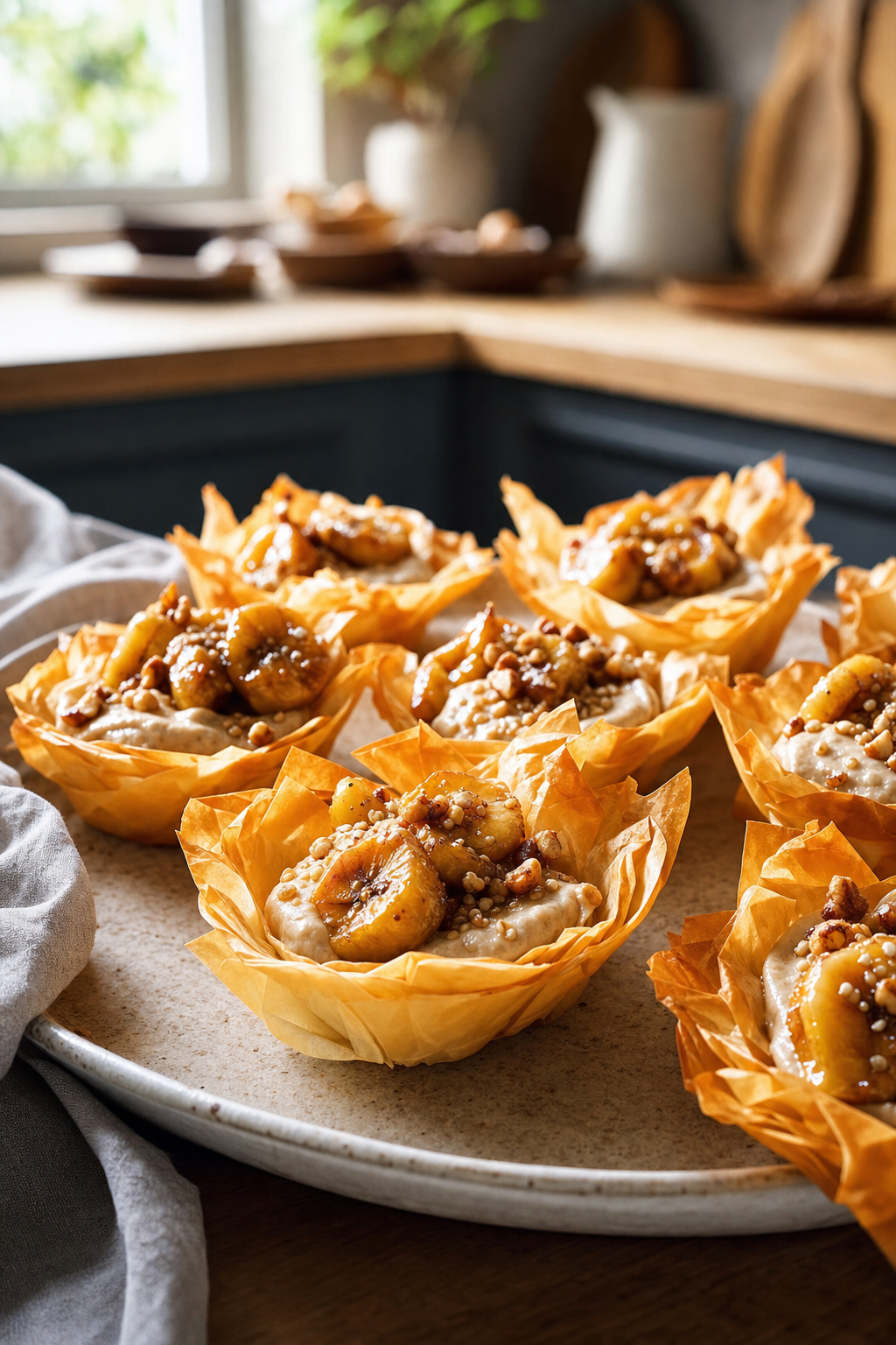 Caramelized Banana Phyllo Cups with Tahini Cream