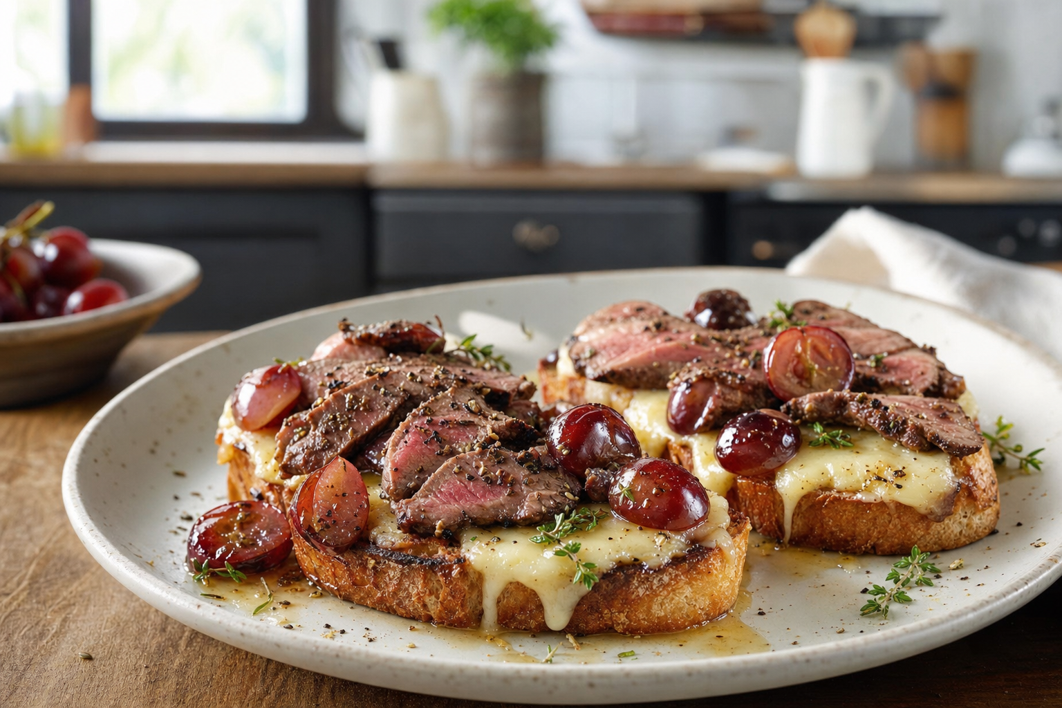 Casey's Black Pepper Beef and Charred Grape Breakfast Tartines