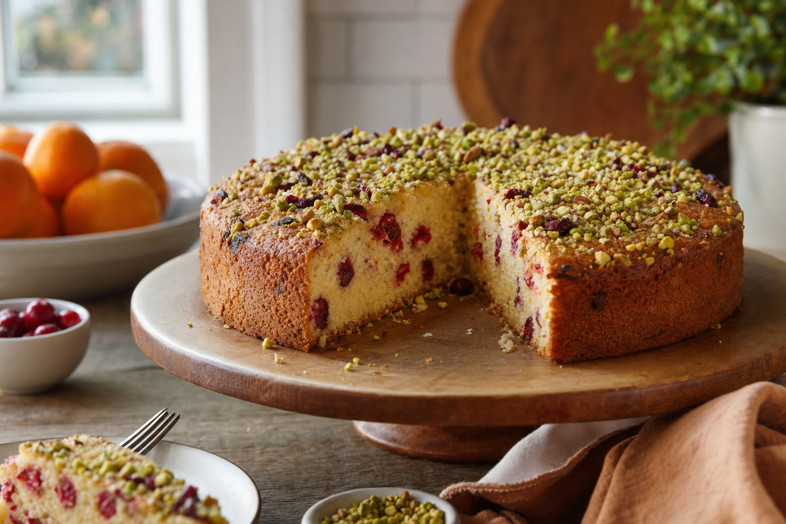 Casey's Cranberry-Orange Semolina Ricotta Cake with Pistachio Sugar