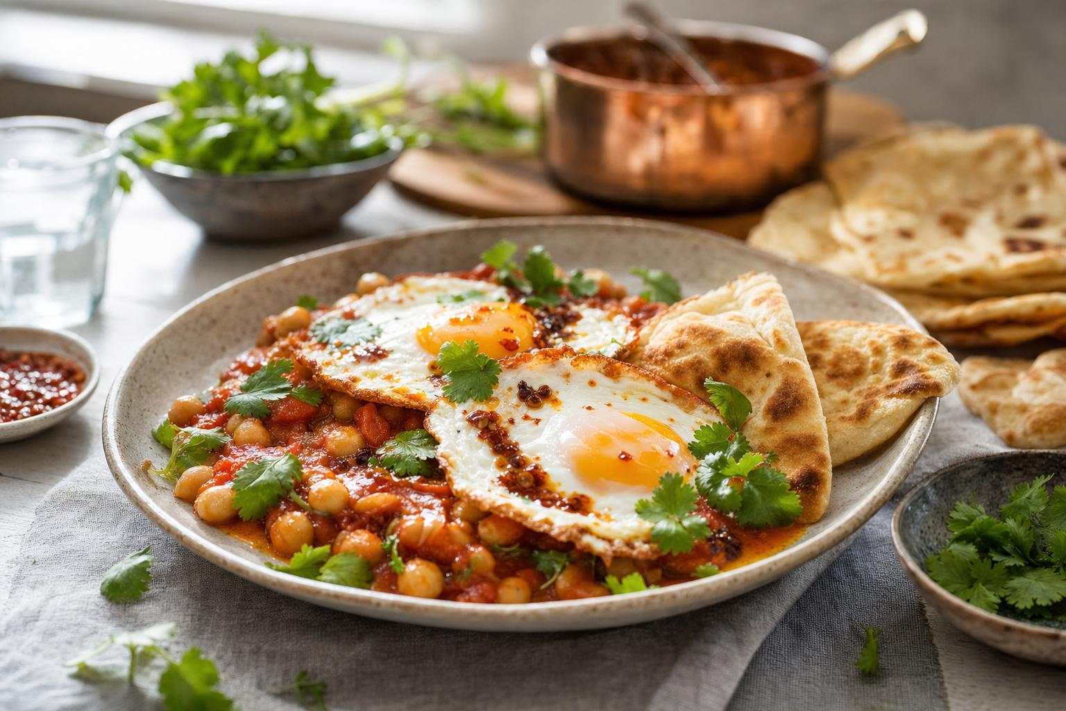 Crispy Chili-Crisp Eggs with Gingered Tomato Chickpeas