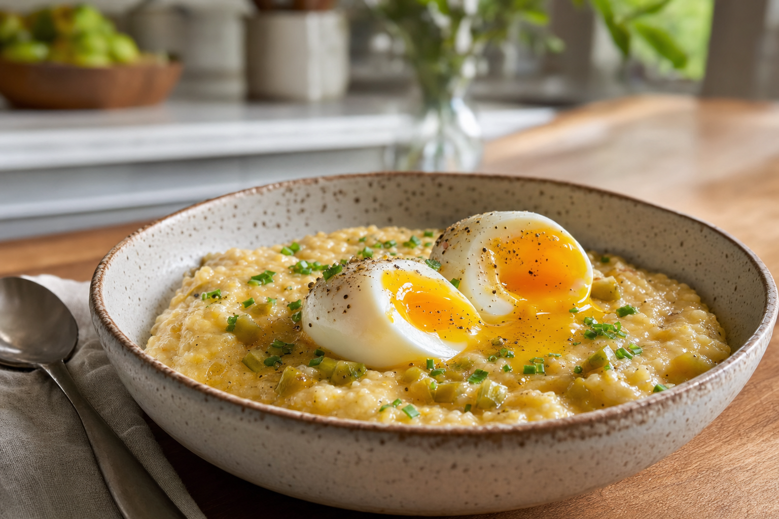 Casey's Green Chile Cheddar Grits with Jammy Eggs