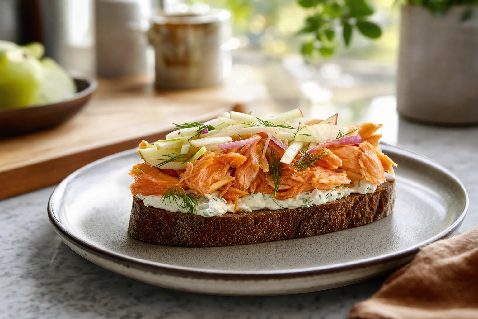 Casey's Hot-Smoked Salmon Rye Toast with Pickled Apple
