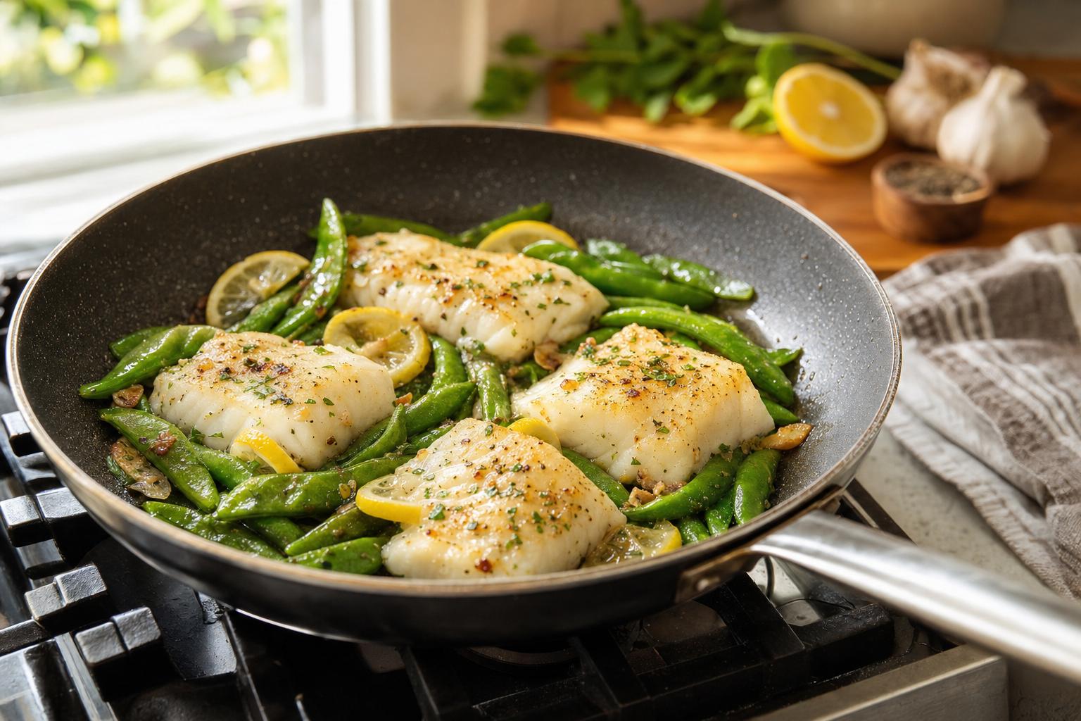 Casey's Lemon-Garlic Halibut Skillet with Snap Peas