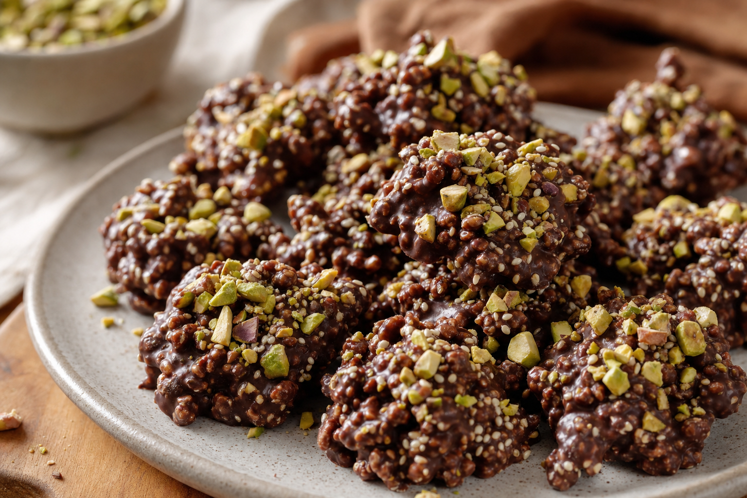 Salted Sesame-Pistachio Chocolate Rice Crunch Clusters