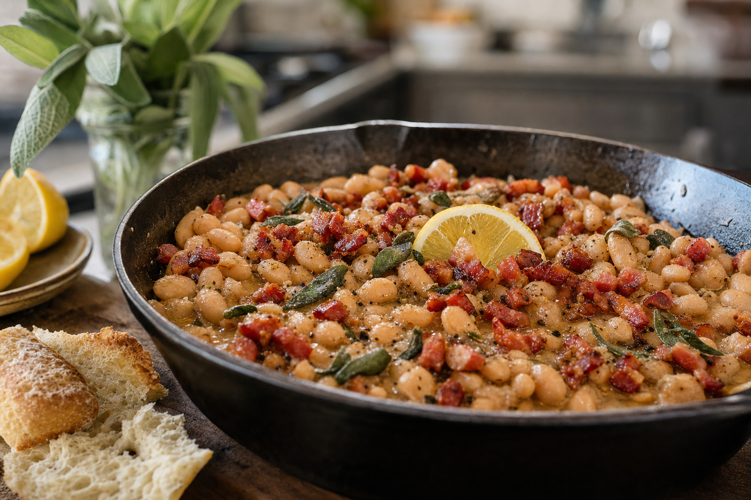 Casey's Skillet White Beans with Crispy Pancetta and Sage