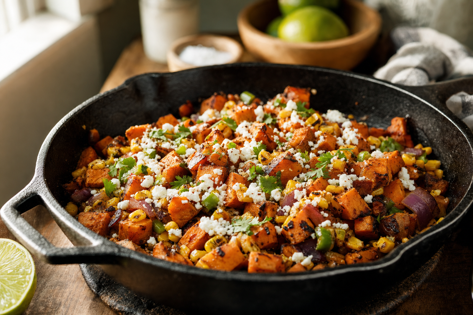 Smoky Sweet Potato Hash with Charred Corn and Cotija