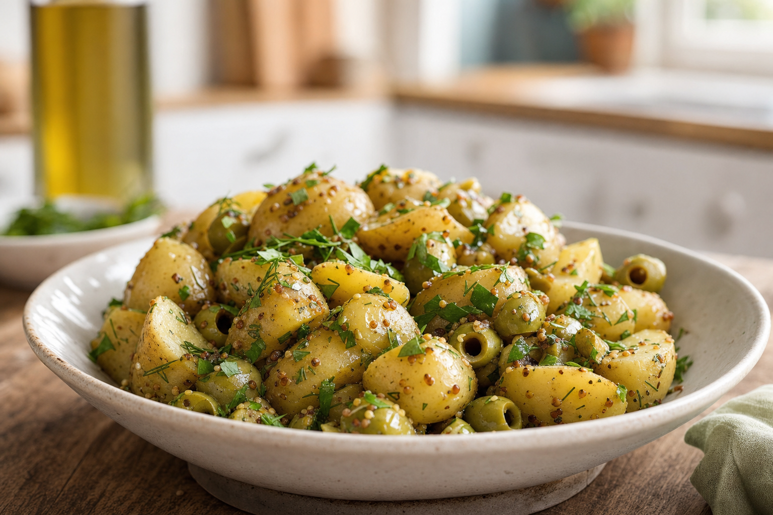 Casey's Warm Potato and Green Olive Salad with Mustard Herb Vinaigrette