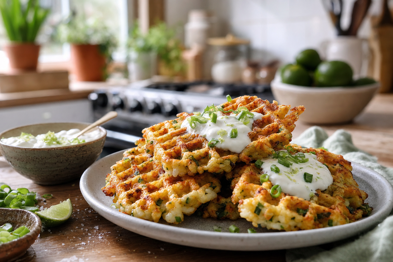 Scallion Cheddar Rice Waffles with Lime Yogurt