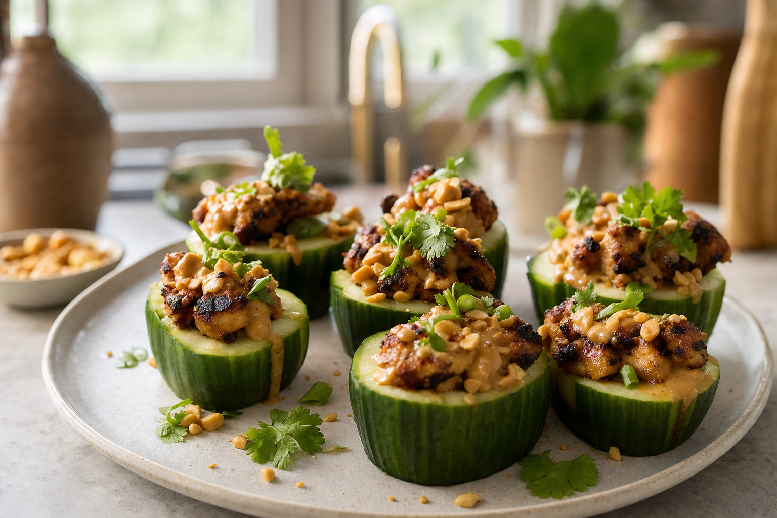 Charred Chicken Satay Cucumber Scoops