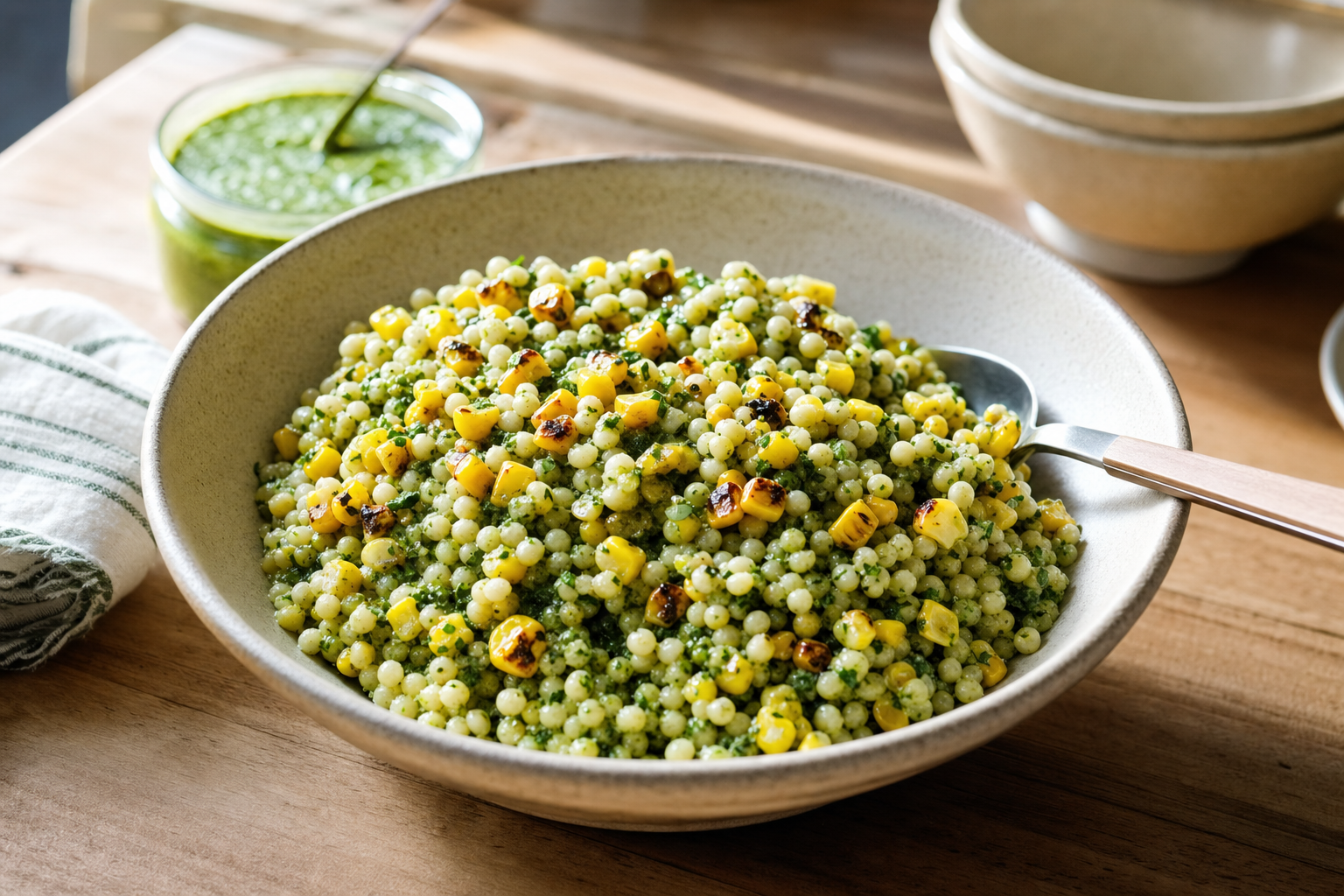 Charred Corn Couscous with Green Herb Sauce
