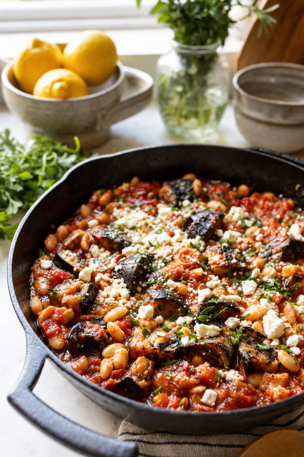 Charred Eggplant and White Bean Tomato Skillet
