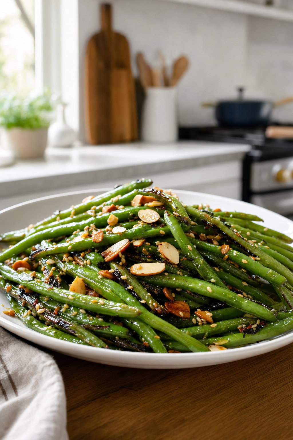 Charred Green Beans with Sesame Almond Crunch
