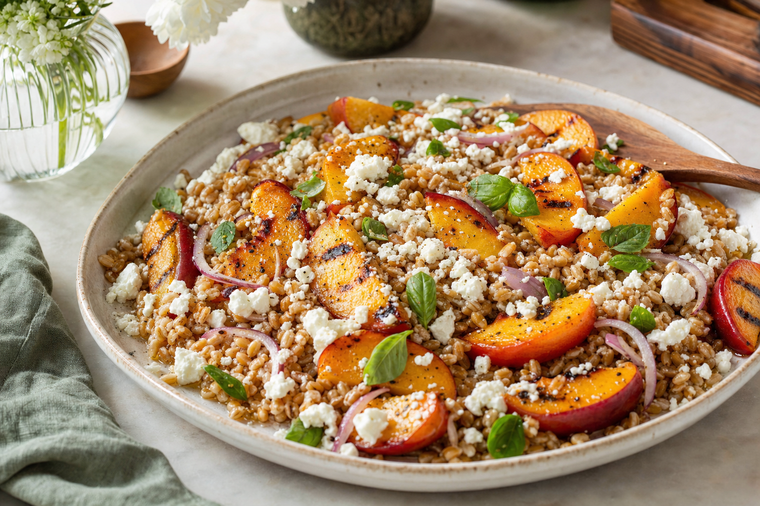 Charred Peach Farro Salad with Feta