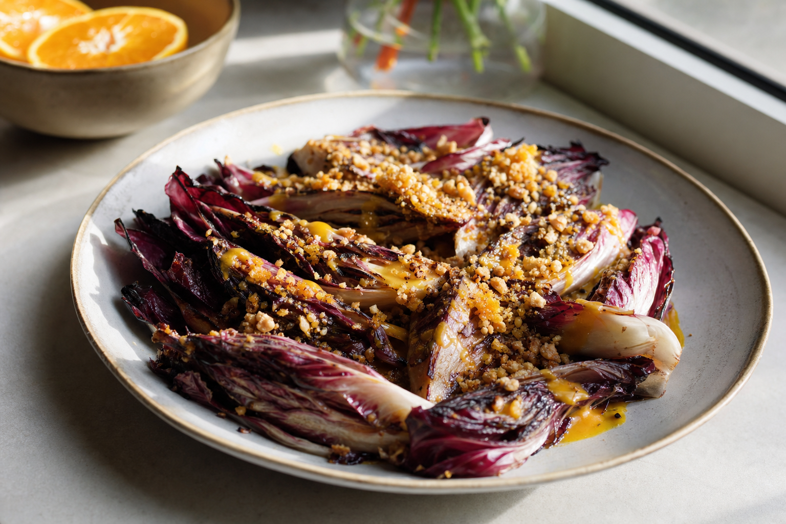 Charred Radicchio with Orange Hazelnut Crumbs
