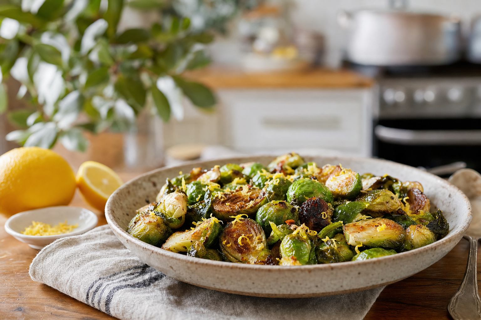 Chicken Schmaltz Brussels Sprouts with Lemon