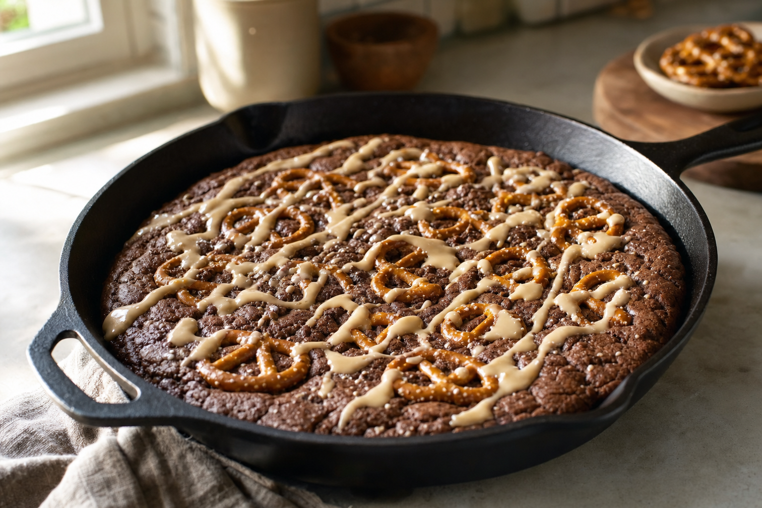 Chocolate Malt Pretzel Skillet Cookies