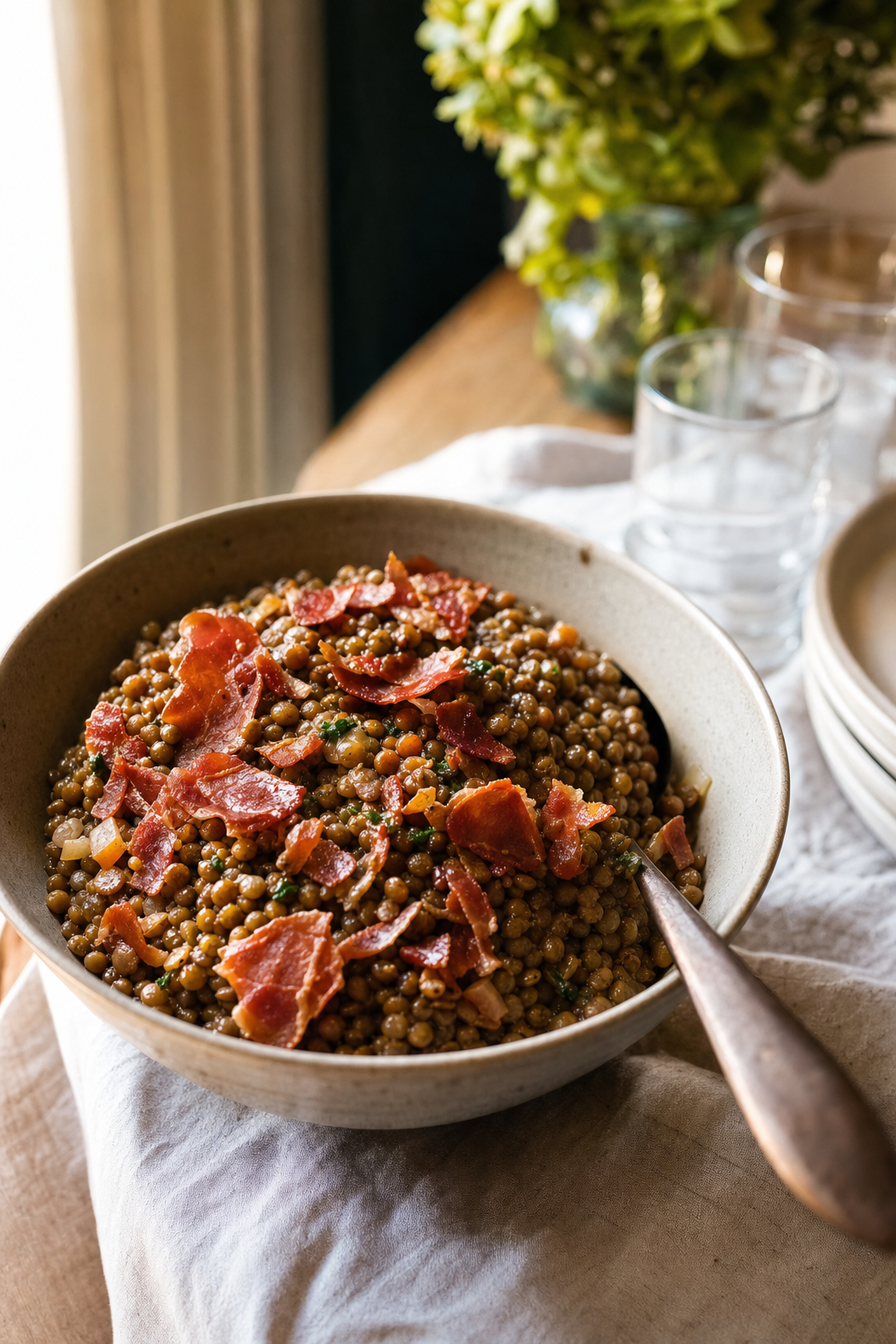 Cider-Braised Lentils with Crispy Prosciutto