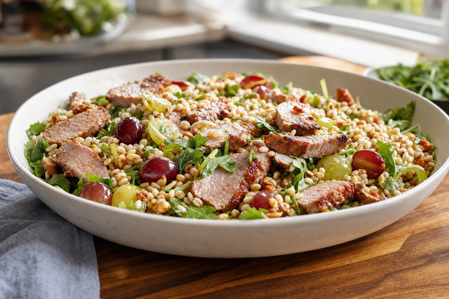 Cider Pork and Grape Barley Salad