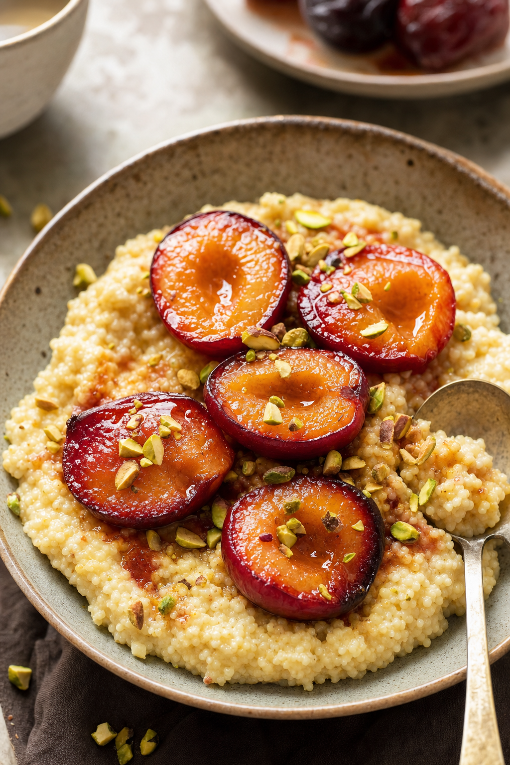 Cinnamon Millet Custard with Roasted Plums
