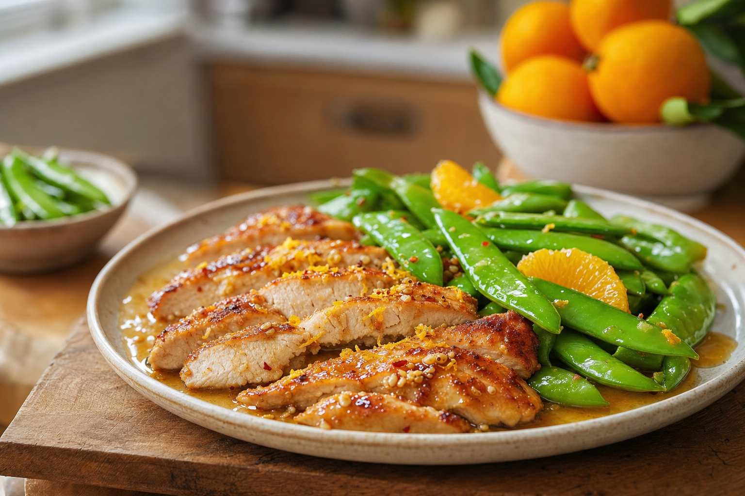 Citrus Miso Chicken Cutlets with Snap Peas