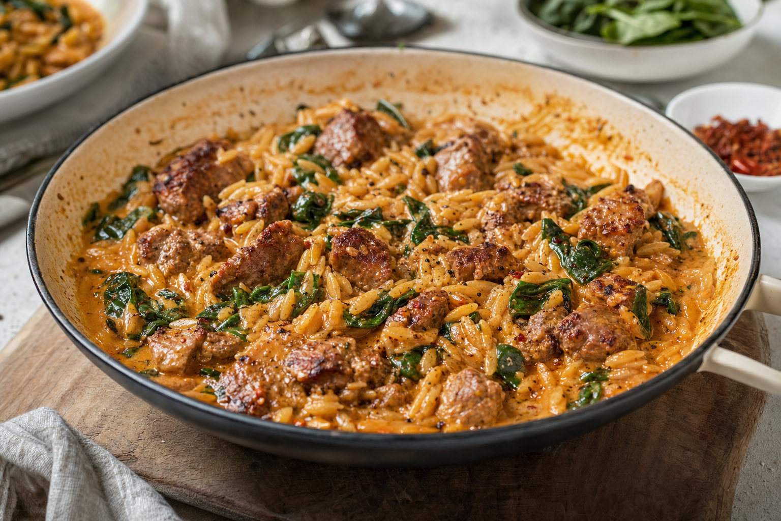 Creamy Harissa Pork Orzo Skillet