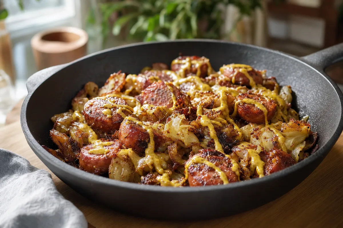 Crispy Cabbage and Sausage Skillet with Mustard Drizzle
