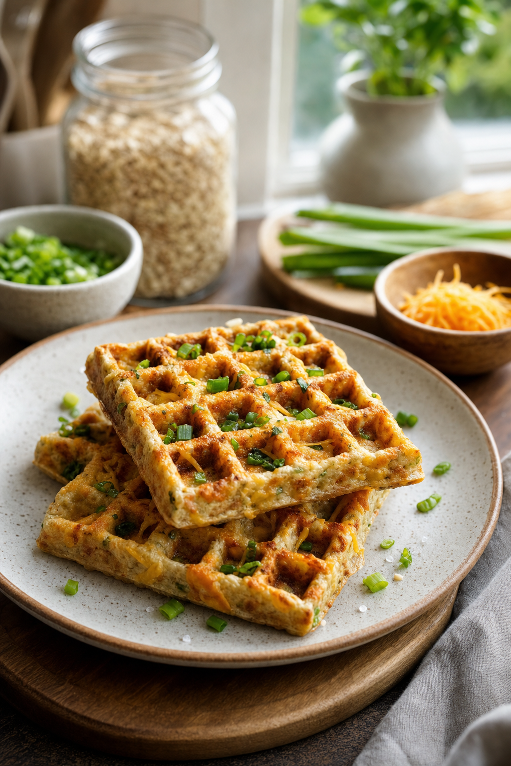 Crispy Cheddar Scallion Oat Waffles
