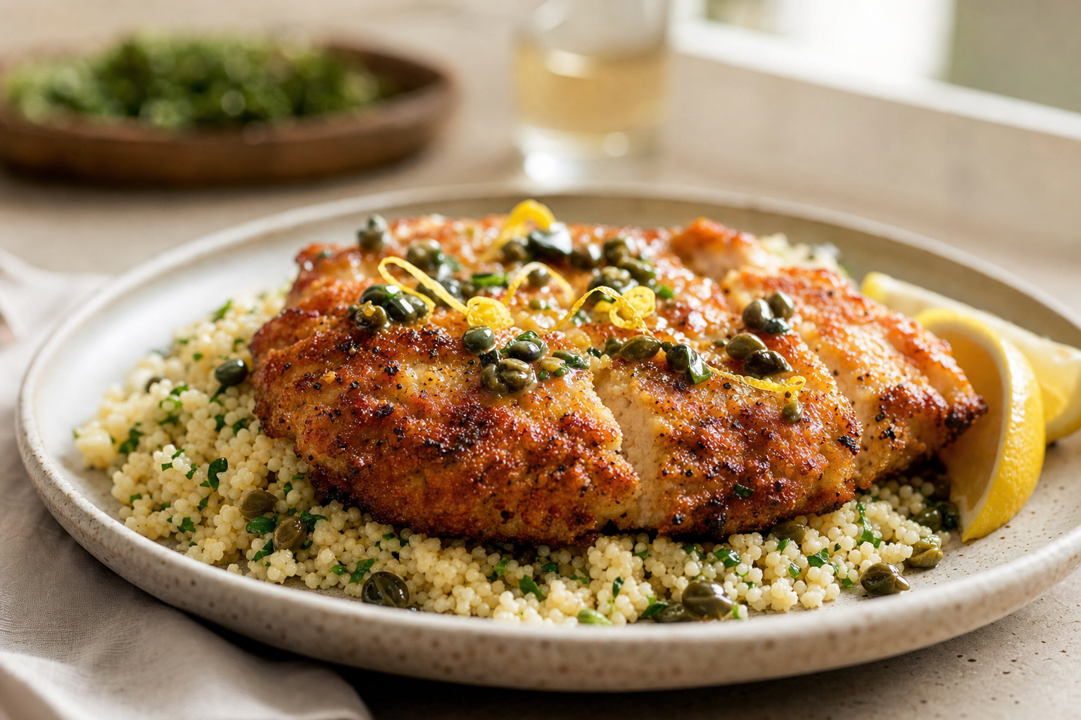Crispy Chicken Cutlets with Lemon Caper Couscous