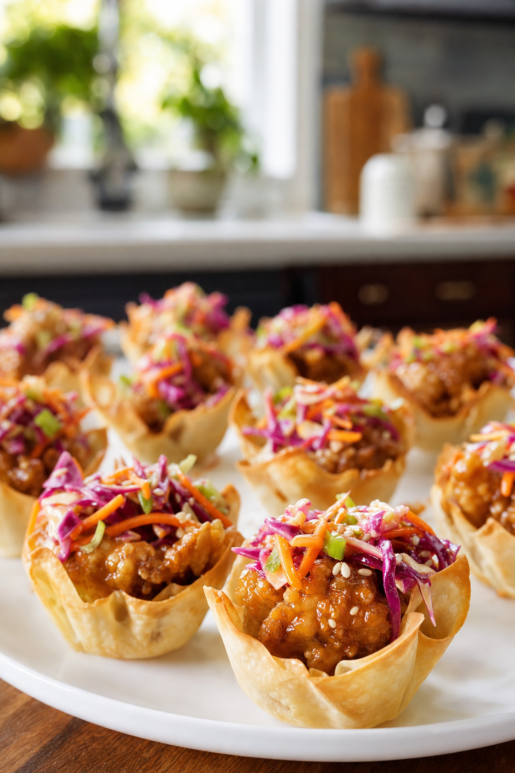 Crispy Chicken Wonton Cups with Hot Honey Slaw