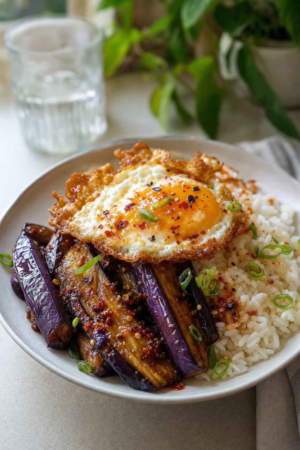 Crispy Chili Eggplant Eggs with Rice