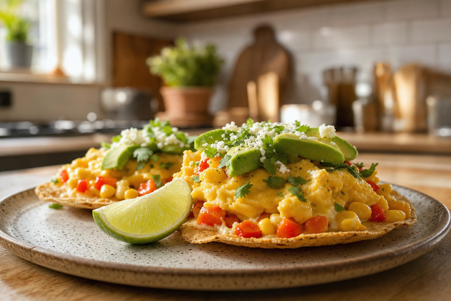 Crispy Corn and Pepper Breakfast Tostadas