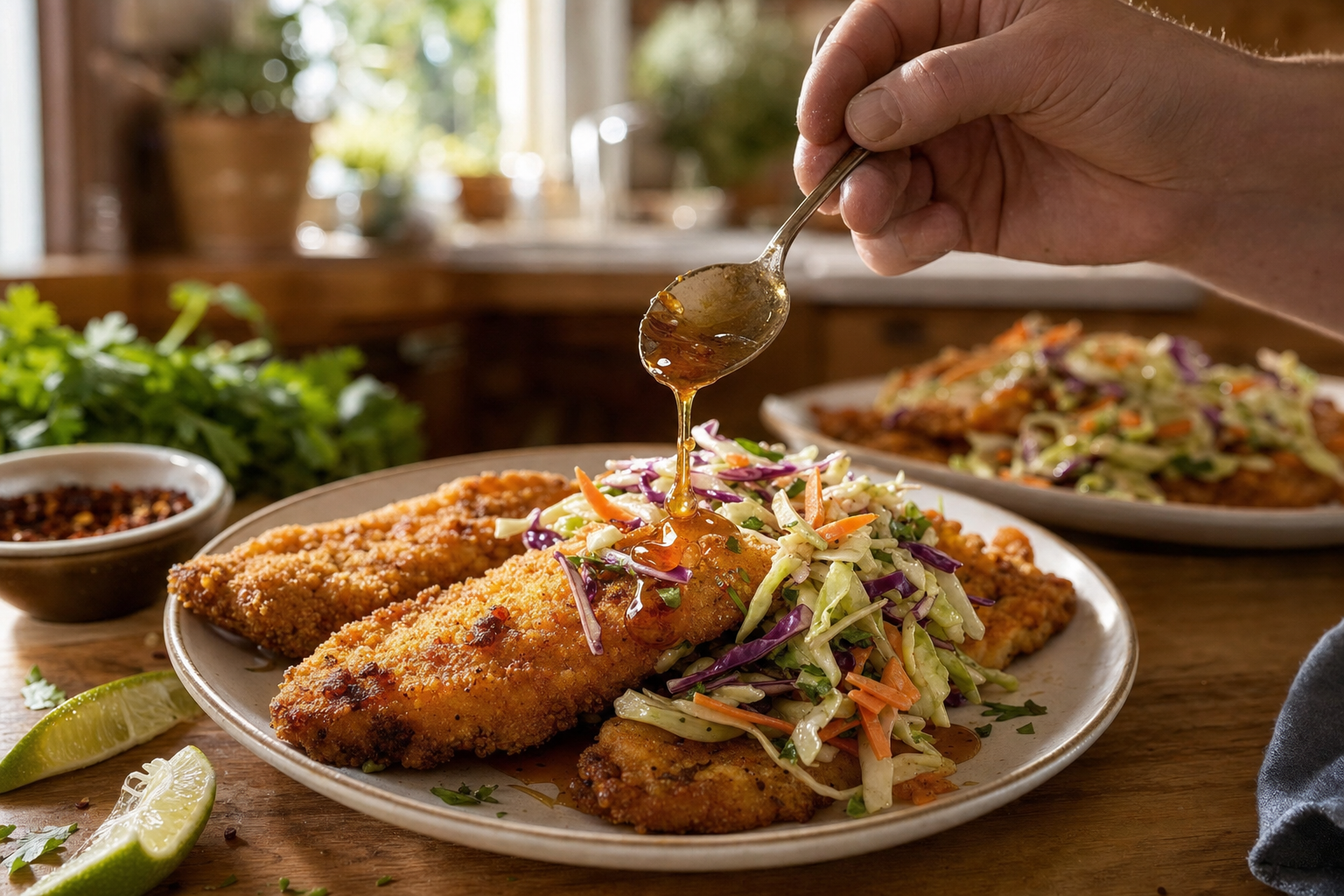 Crispy Cornmeal Catfish with Hot Honey Slaw