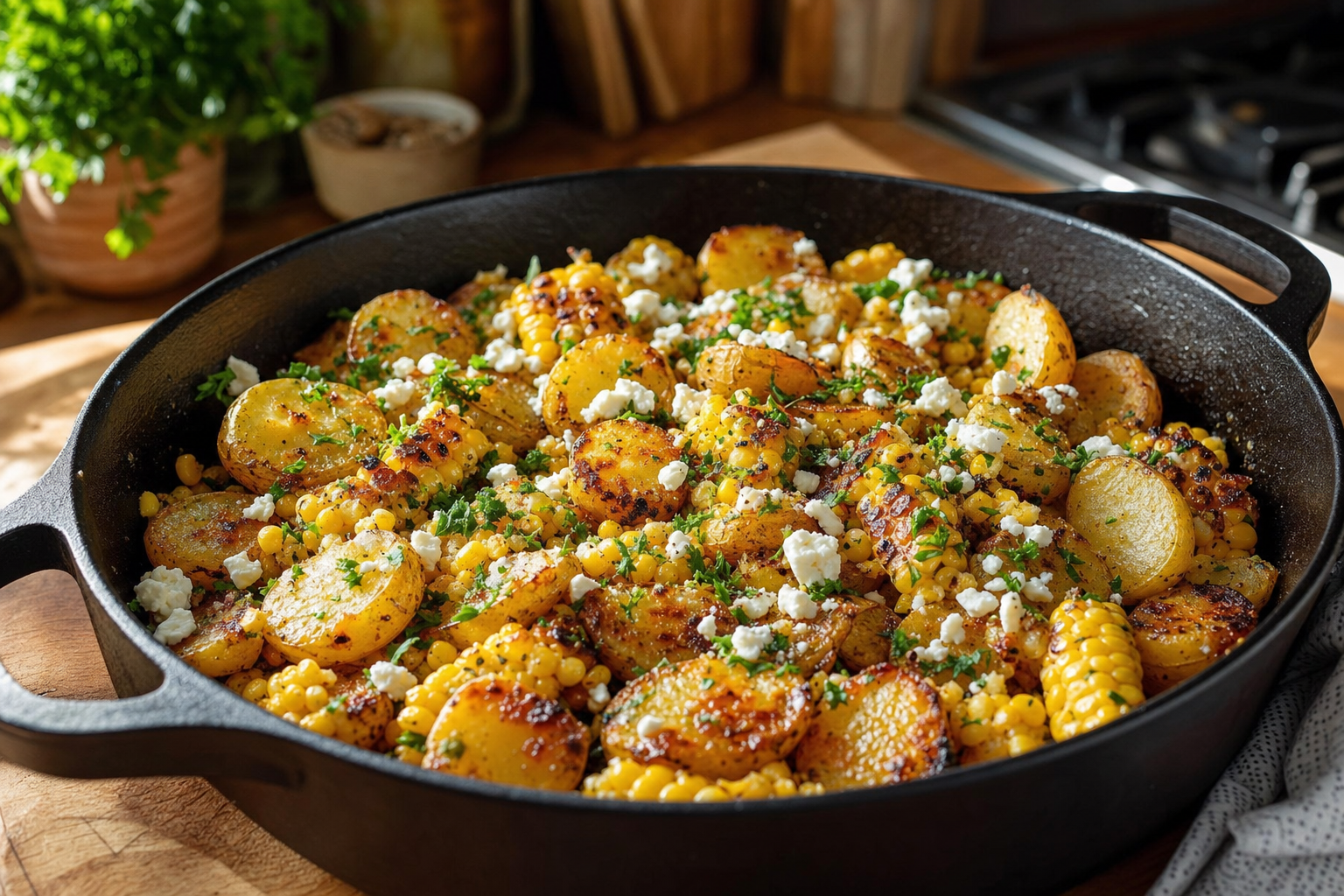 Crispy Dijon Potato Skillet with Charred Corn
