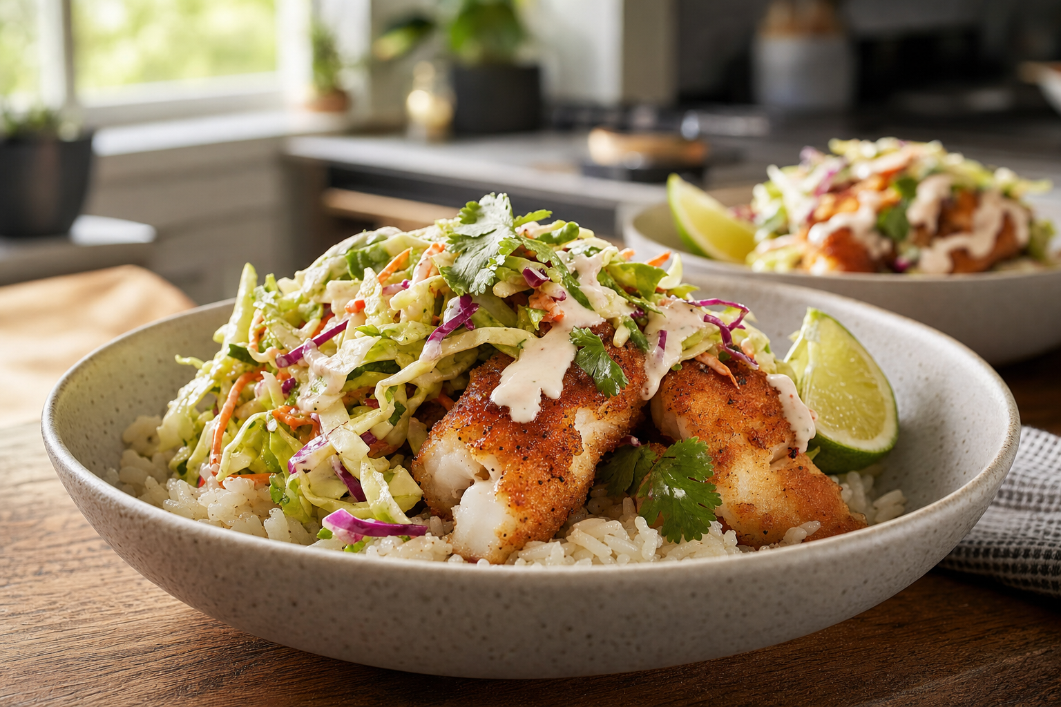 Crispy Fish Taco Bowls with Lime Slaw