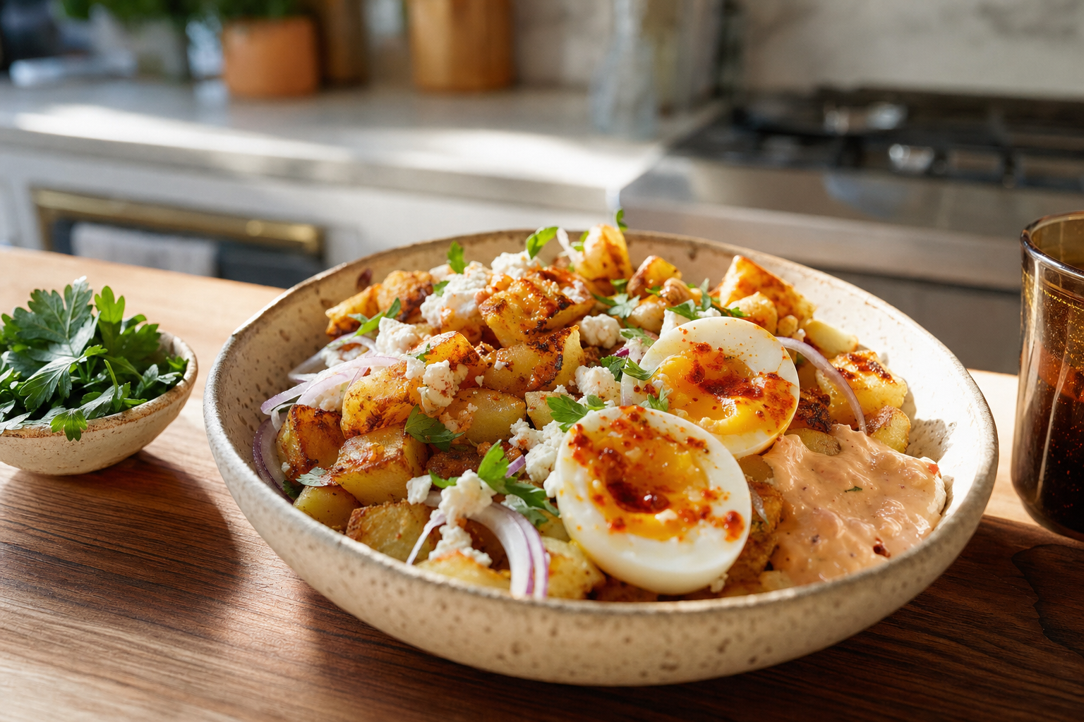 Crispy Harissa Potato and Egg Bowls
