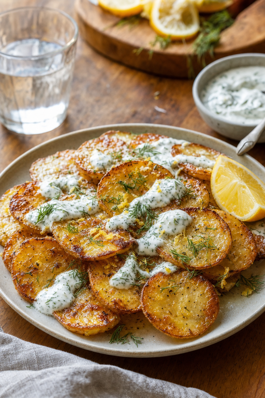 Crispy Lemon Potato Rounds with Dill Yogurt