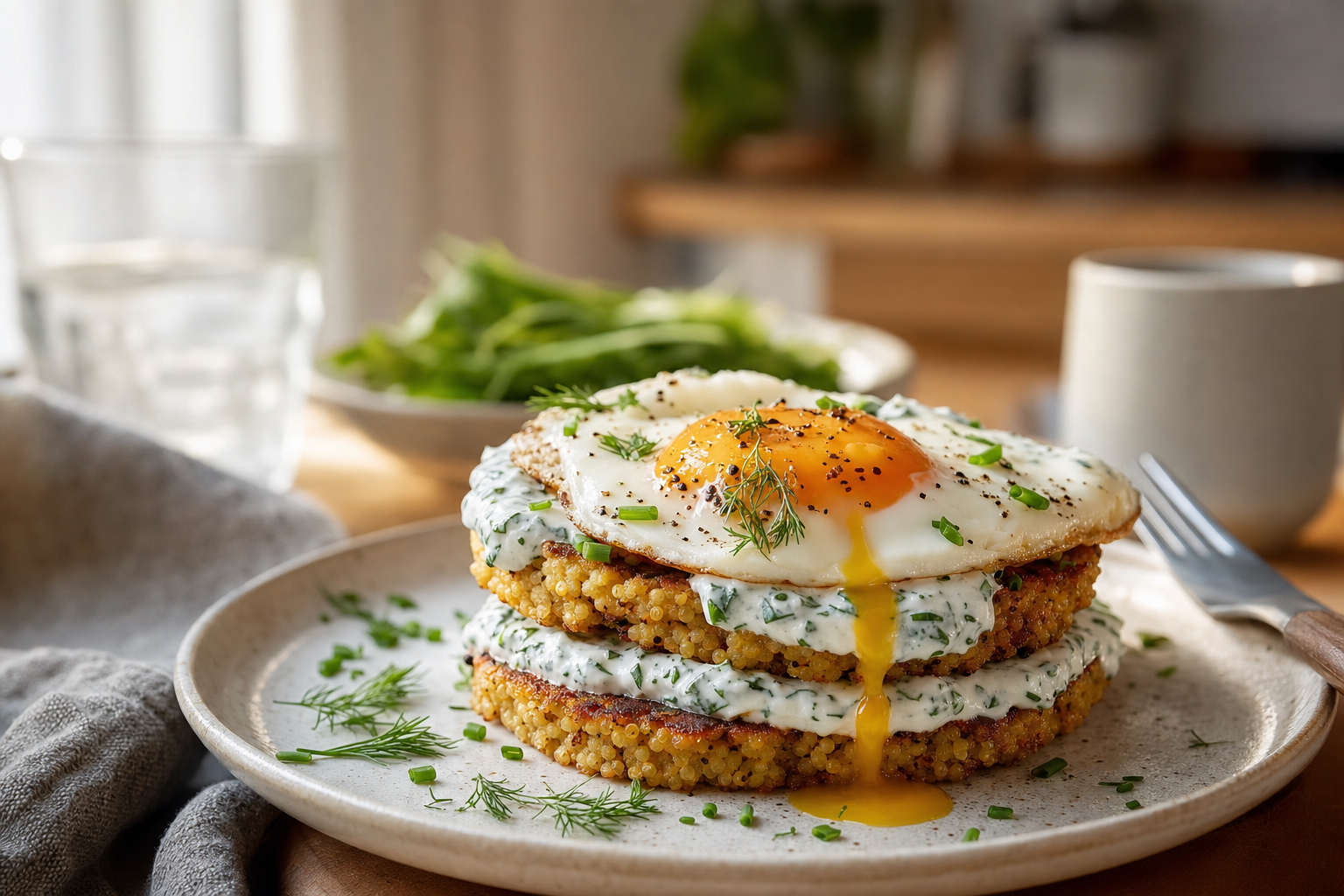 Crispy Millet Breakfast Cakes with Herb Yogurt