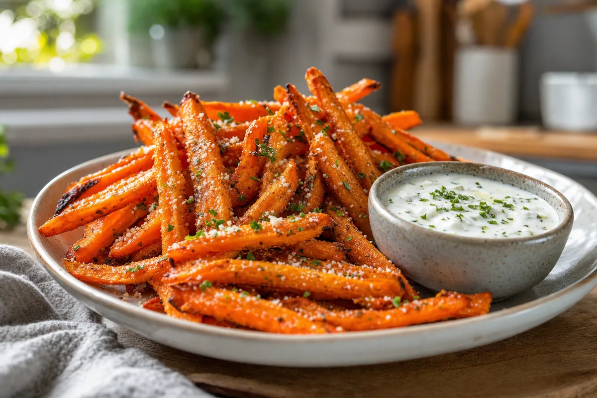 Crispy Parmesan Carrot Fries with Garlic Yogurt Dip